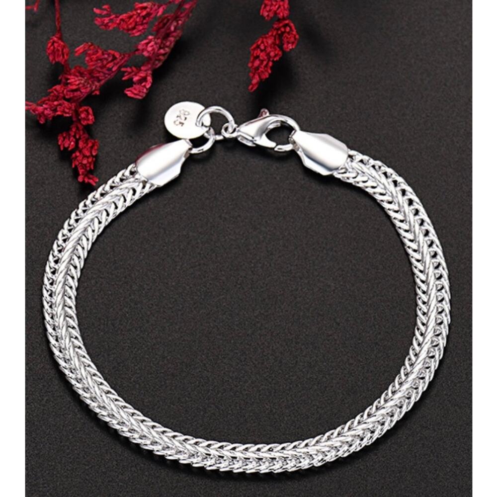925 Stamp Silver plated Color Flat Woven Braided Chain Bracelet 20CM
